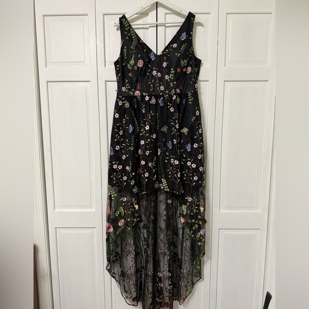 NWOT Adrianna Papell embroidered tulle v neck high low hem gown Fairy Grunge 14 - Picture 2 of 12